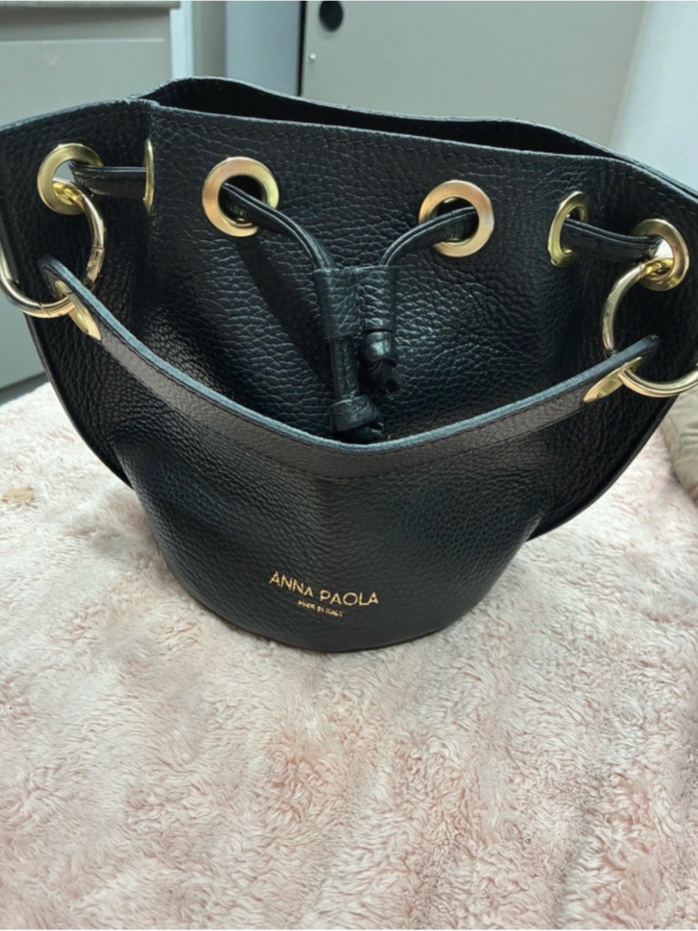 Anna Paola Black Leather Drawstring Tote